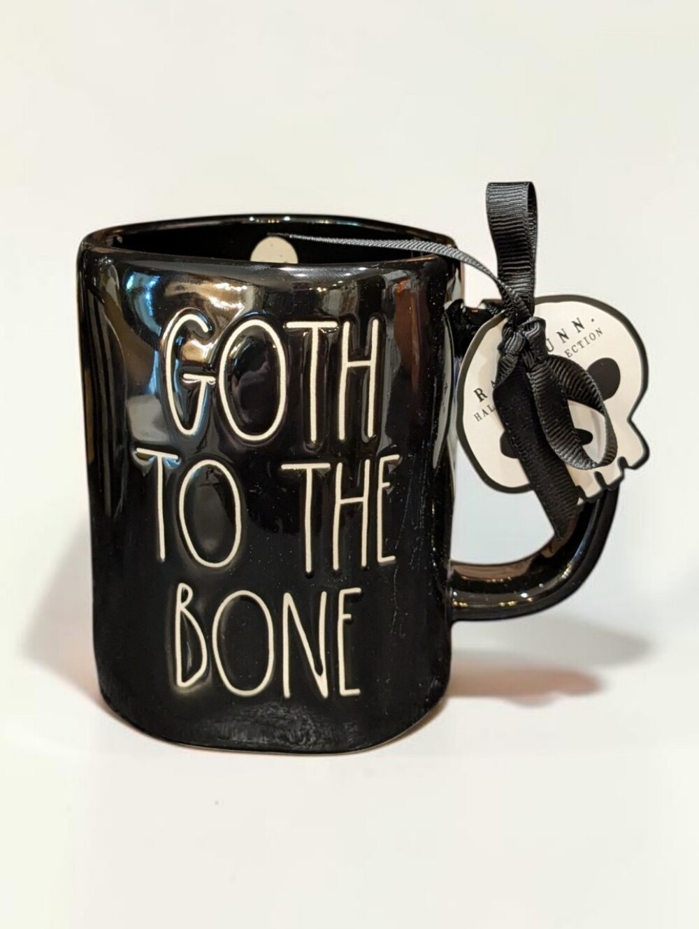 Rae Dunn GOTH TO THE BONE Black Halloween Mug NWT 16 oz